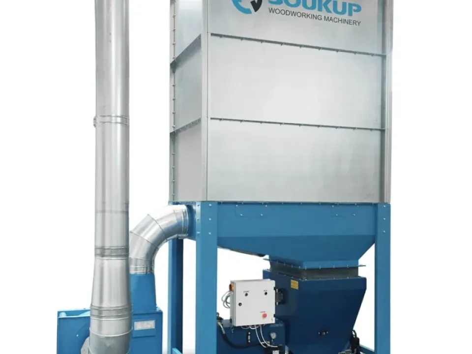 Soukup Woodworking Machinery dust extractor unit with blue steel frame, hopper, control panel, and silver ducting pipework