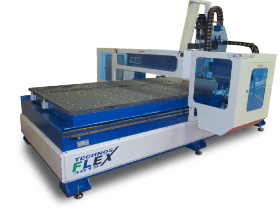 Technos Flex 3075 CNC router machine with a large blue frame, grid cutting bed, and gantry-mounted spindle unit