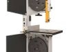 Freestanding IWM UK bandsaw machine with open cabinet doors, yellow blade guard, and grey cast iron table