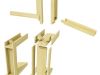 Exploded view of pale wood window frame components with interlocking joints, showing individual parts before assembly