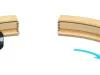 Two diagrams showing a router cutter machining curved wooden arch profiles, with blue arrows indicating feed direction.