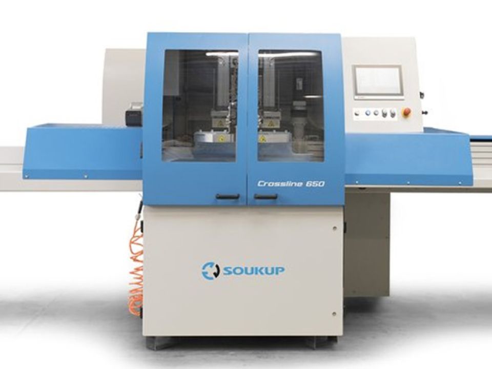 Soukup Crossline 650 CNC cross cut saw machine with dual cutting heads and a touchscreen control panel