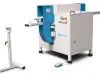 Soukup Notcher machine in blue and grey with a foot pedal and adjustable roller stand on a white background