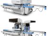 Soukup Crafter CNC window machining centre shown from front and rear angles, with feed conveyor rails and blue accents