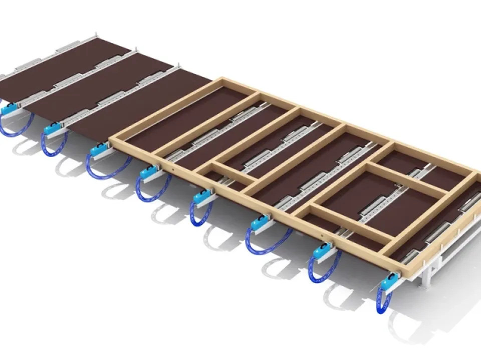 3D render of a timber frame panel assembly with wooden joists, metal rails, and blue hydraulic connectors along the side