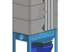 3D CAD render of a Soukup dust extractor unit with blue steel frame, filter housing, cylindrical inlet, and hopper base.