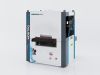 Baromak MOSTRO 1000 2U industrial sanding machine with conveyor feed, control panel, and blue coiled air hose on grey background