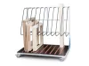 Mobile metal trolley with wire dividers holding upright wooden frames, mounted on castors with a slatted base platform