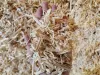 A hand holding a palmful of pale wood shavings and chippings above a large pile of the same material.