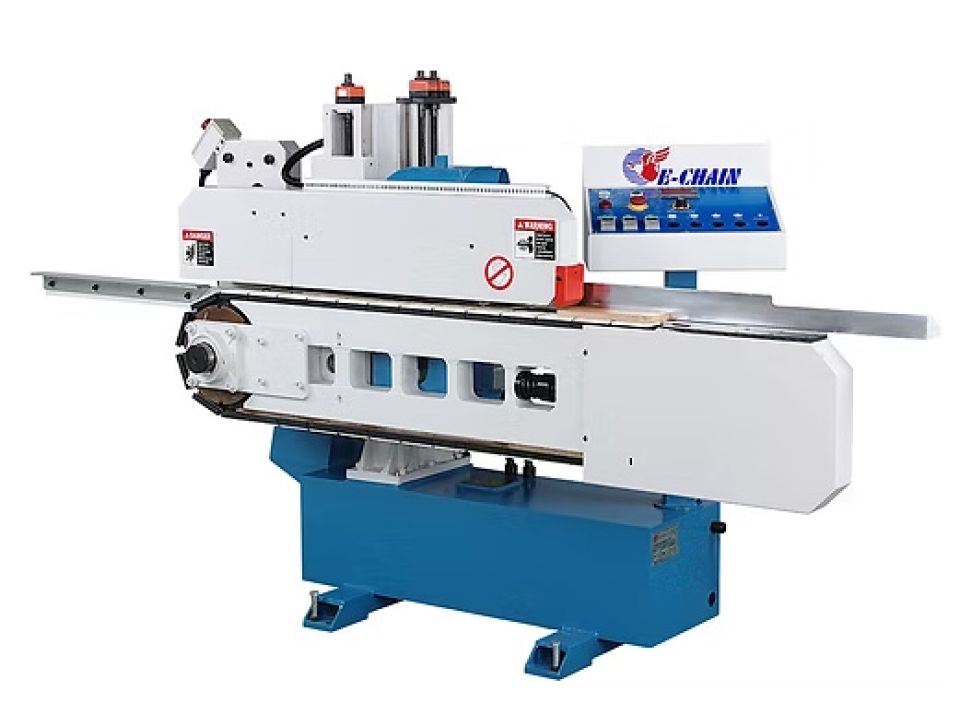E-Chain double end tenoner machine with blue and white body, feed rollers, and control panel on white background