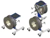 3D CAD render of two Soukup cable reel trolleys with blue steel frames, cross-bar axles, and wheeled bases, shown in single and double-tier configurations.