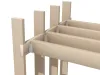 3D render of timber frame construction with notched wooden posts and joists secured with metal joist hangers