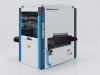 Baromak Mostro 1300 2U industrial sanding machine with feed conveyor, blue trim, and coiled air hose on a grey background