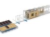 3D render of a timber frame off-site track storage system with modular wall panels and a rolling assembly line conveyor