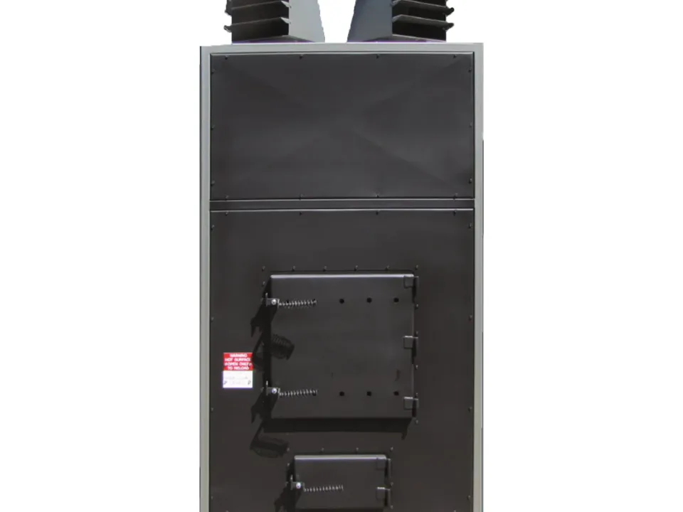 Front view of a black steel wood burning heater with twin top vents, a hinged firebox door and ash pan door.