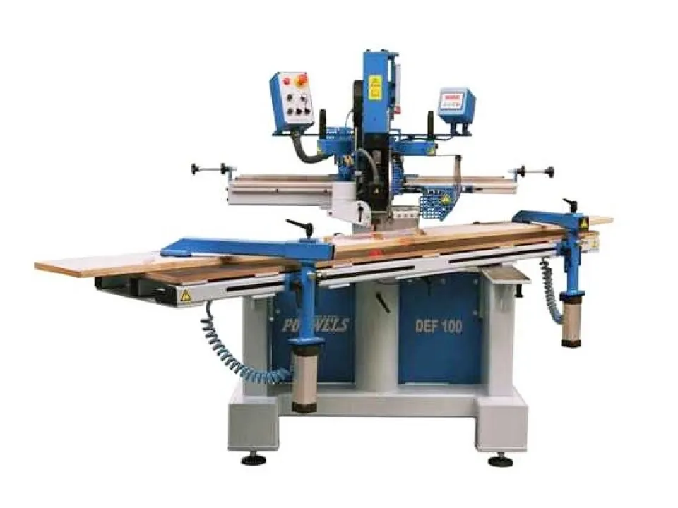 Powvels DEF 100 industrial stair machine with extended timber worktable and blue steel frame on white background