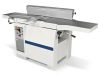 White and grey industrial planer thicknesser machine with blue stripe, adjustable outfeed tables and control panel
