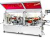 Lange B85KFE edge banding machine with open red safety guards, internal tooling units, dust extraction hoses, and a touchscreen control panel.
