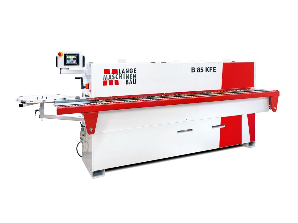 Lange Maschinenbau B 85 KFE edge bander machine in red and white with a touchscreen control panel and conveyor feed